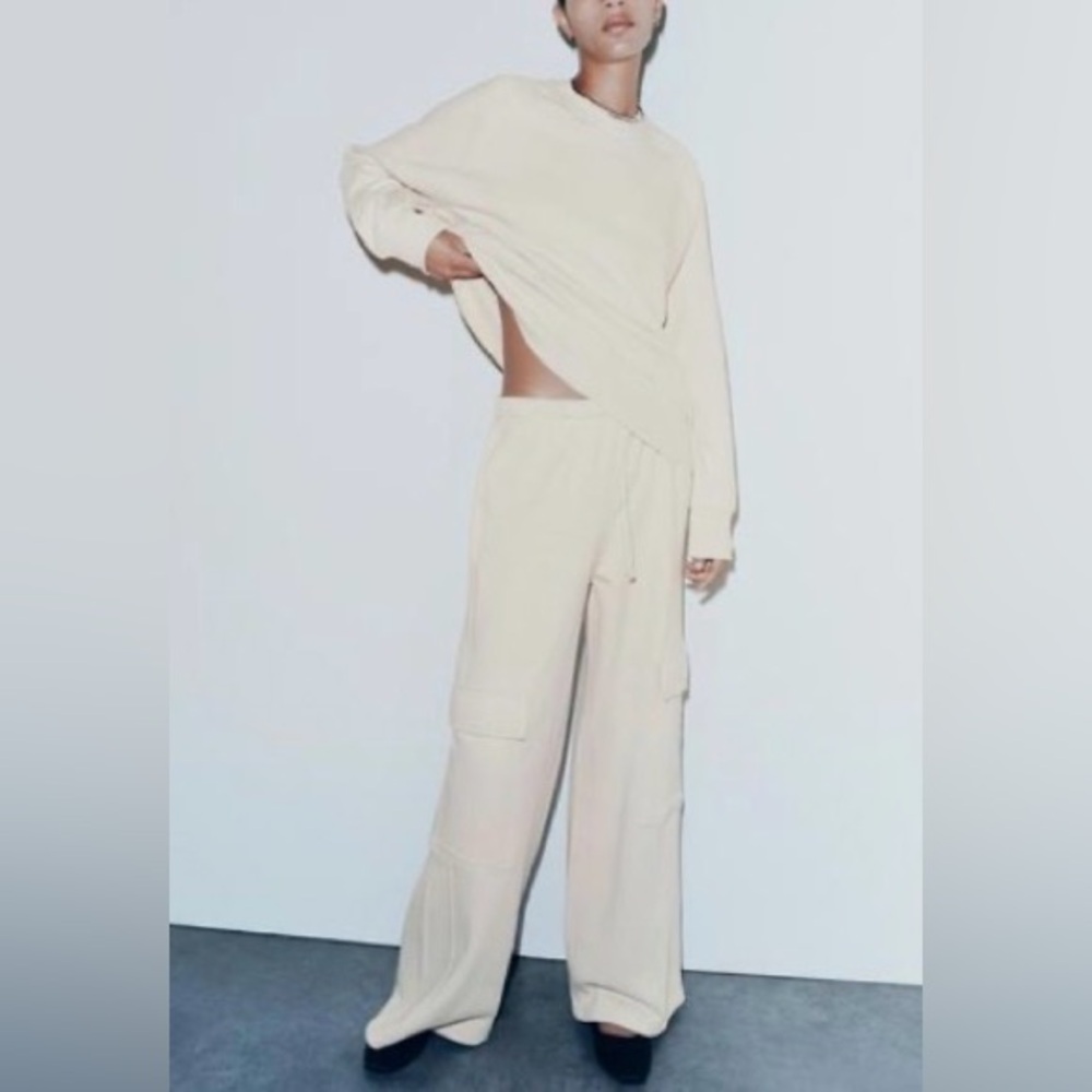 Zara Wide Leg Cream Cargo Pull On Sweatpants Sz Medium